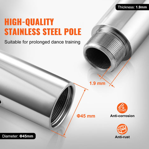Professional Dancing Pole, Spinning Static Dancing Pole Kit, Portable Removable Pole, 45mm Heavy-Duty Stainless Steel Pole, Height Adjustable Fitness Pole, for Exercise Home Club Gym, Silver