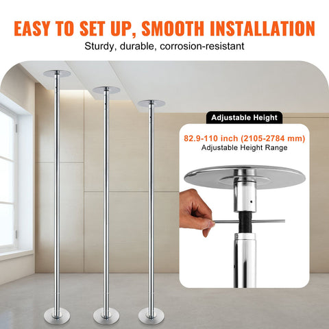 Professional Dancing Pole, Spinning Static Dancing Pole Kit, Portable Removable Pole, 45mm Heavy-Duty Stainless Steel Pole, Height Adjustable Fitness Pole, for Exercise Home Club Gym, Silver