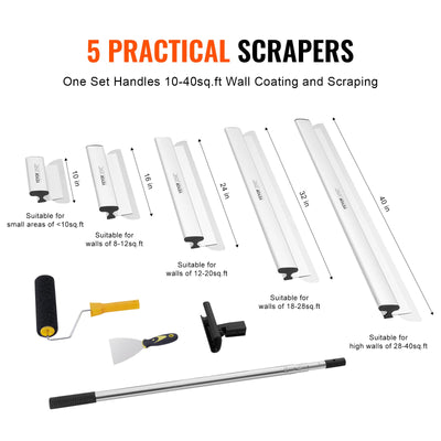 Drywall Skimming Blade Set, 10/16/24/32/40 in Skimming Blades + 34-81.6 in Extension Handle Pole, Stainless Steel Knife Professional Skim Coat Tools, for Gyprock/WallBoard/Plasterboard