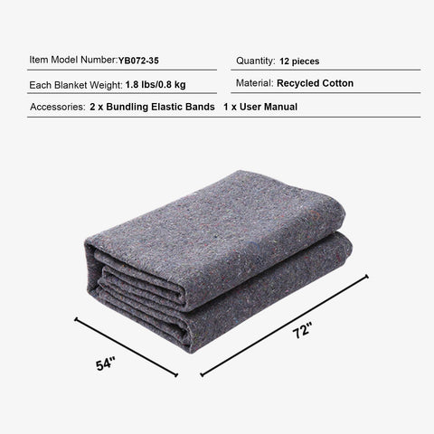 Moving Blankets, 1829 x 1372 mm, 12 kg/dz Weight, 12 Pack, Professional Recycled Cotton Packing Blanket, Large Heavy Duty Shipping Mover Pads Perfect for Protecting Furniture, Floors, Appliances