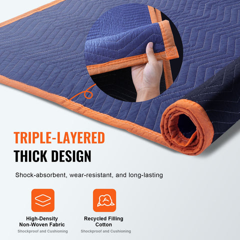 Moving Blankets, 2032 x 1829 mm, 15.6 kg/dz, 12 Packs, Professional Non-Woven & Recycled Cotton Packing Blanket, Heavy Duty Mover Pads for Protecting Furniture, Floors, Appliances, Blue/Orange