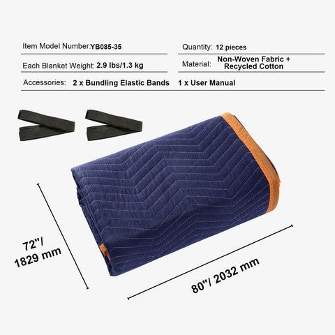 Moving Blankets, 2032 x 1829 mm, 15.6 kg/dz, 12 Packs, Professional Non-Woven & Recycled Cotton Packing Blanket, Heavy Duty Mover Pads for Protecting Furniture, Floors, Appliances, Blue/Orange
