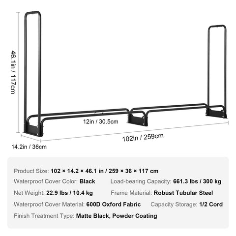 Firewood Rack with Waterproof Cover, 257 x 36 x 117 cm Outdoor Firewood Holder, 660lb Weight Capacity, 1/2 Cord Log Holder, Half-Covered, Powder-coated Wood Storage Rack for Fireplace Deck