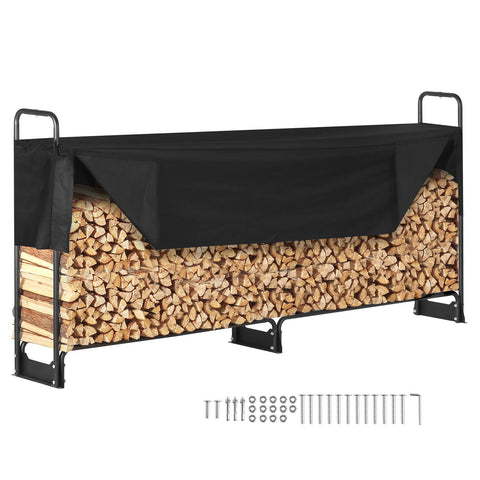 Firewood Rack with Waterproof Cover, 257 x 36 x 117 cm Outdoor Firewood Holder, 660lb Weight Capacity, 1/2 Cord Log Holder, Half-Covered, Powder-coated Wood Storage Rack for Fireplace Deck