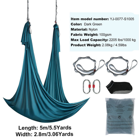 Aerial Yoga Hammock & Swing, 5 m Length Aerial Yoga Starter Kit with 100gsm Nylon Fabric, Full Rigging Hardware & Easy Set-up Guide, Antigravity Flying for All Levels Fitness Bodybuilding, Green
