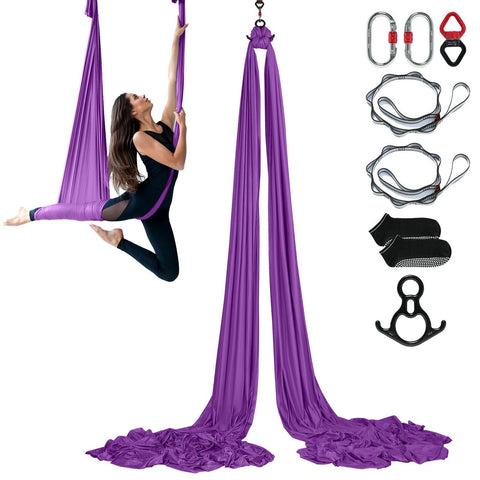 Aerial Silk & Yoga Swing, 8 m Length, Aerial Yoga Hammock Kit with 100gsm Nylon Fabric, Full Rigging Hardware & Easy Set-up Guide, Antigravity Flying for All Levels Fitness Bodybuilding, Purple