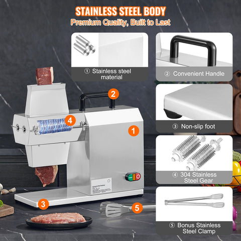 Commercial Meat Tenderizer, Heavy Duty Stainless Steel Kitchen Tool with Handle, Meat Tong, and Cleaning Brush, 450W Electric Meat Tenderizer Machine for Beef, Turkey, Chicken, Pork, and Fish