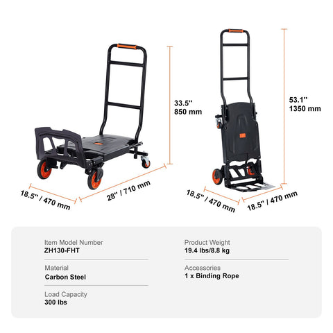Aluminum Hand Truck, 2 in 1, 136 kg Max Load Capacity, Heavy Duty Industrial Convertible Folding Hand Truck and Dolly, Utility Cart Converts from Hand Truck to Platform Cart with Rubber Wheels