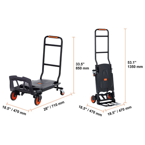 Aluminum Hand Truck, 2 in 1, 136 kg Max Load Capacity, Heavy Duty Industrial Convertible Folding Hand Truck and Dolly, Utility Cart Converts from Hand Truck to Platform Cart with Rubber Wheels