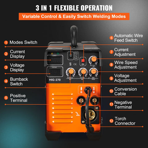 Mig Welder Welding Machine MIG-270 MIG MMA TIG IGBT DC Inverter Welder Digital Display