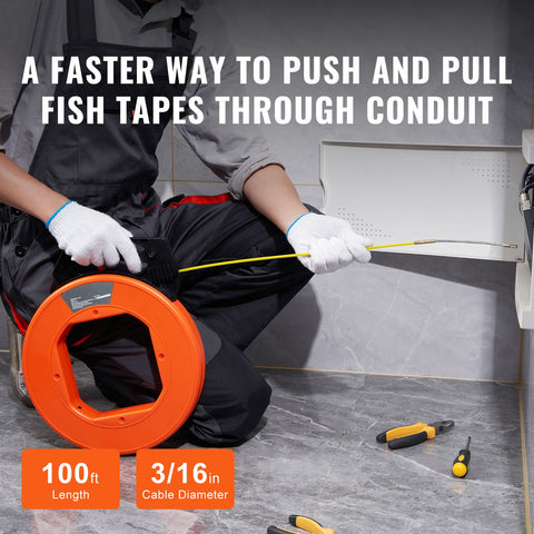 Fish Tape, 100 ft, 3/16-inch, Fiberglass Wire Puller with Optimized Housing and Handle, Easy-to-Use Cable Puller Tool, Flexible Wire Fishing Tools for Wall and Electrical Conduit, Non-Conductive