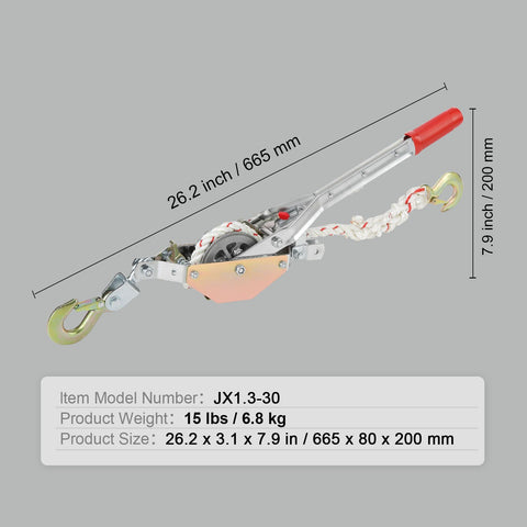 Rope Puller, 3/4 Ton Pulling Capacity, with 30.48 m of 15 mm dia. Rope, 2 Hook, Come Along Winch, Heavy Duty Ratchet Power Puller Tool for Moving Boats, Securing Items, Transporting Logs