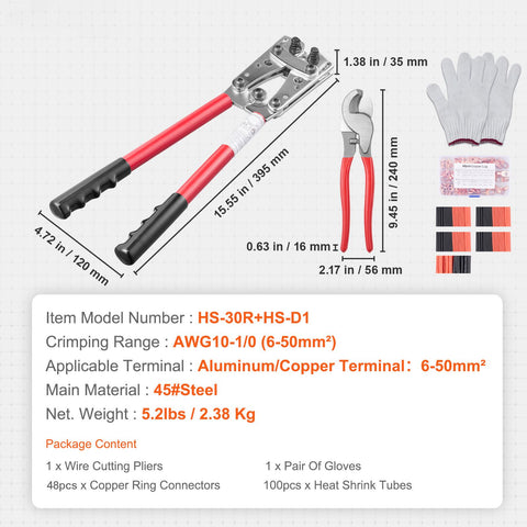 Battery Cable Lug Crimping Tool, 10-1/0AWG with Cable Cutter and 95PCS Copper Ring Terminals, 6 Wire Sizes Crimping Die and 100pcs Heat Shrink Tubes, for Heavy Duty Wire Lugs