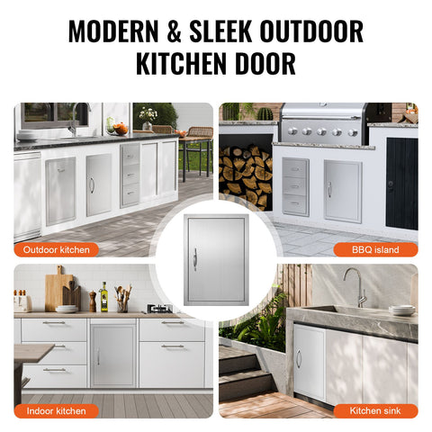 BBQ Access Door, 432x610 mm Single Outdoor Kitchen Door, Stainless Steel Flush Mount Door, Wall Vertical Door with Handle, for BBQ Island, Grilling Station, Outside Cabinet