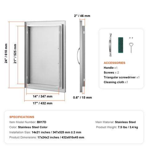 BBQ Access Door, 432x610 mm Single Outdoor Kitchen Door, Stainless Steel Flush Mount Door, Wall Vertical Door with Handle, for BBQ Island, Grilling Station, Outside Cabinet