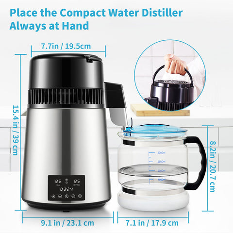 4L Water Distiller Distilled Water Maker 1 L/H w/ Timing Dual-Temp Silver