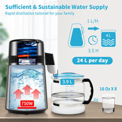 VEVOR 4L Water Distiller Distilled Water Maker 1 L/H w/ Timing Dual-Temp Silver