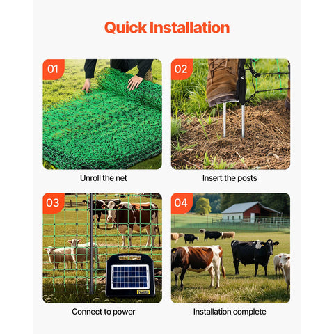Electric Fence Netting, 0.88 x 49.98 m, PE Net Fencing with Posts & Double-Spiked Stakes, Utility Portable Mesh for Goats, Sheep, Lambs, Deer, Hogs, Dogs, Used in Backyards, Farms, and Ranches
