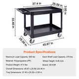 Utility Service Cart, 2 Shelf 550LBS Heavy Duty Plastic Rolling Utility Cart with 360° Swivel Wheels (2 with Brakes), Large Lipped Shelf, Ergonomic Storage Handle for Warehouse/Garage/Cleaning