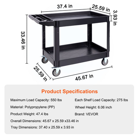Utility Service Cart, 2 Shelf 550LBS Heavy Duty Plastic Rolling Utility Cart with 360° Swivel Wheels (2 with Brakes), Large Lipped Shelf, Ergonomic Storage Handle for Warehouse/Garage/Cleaning