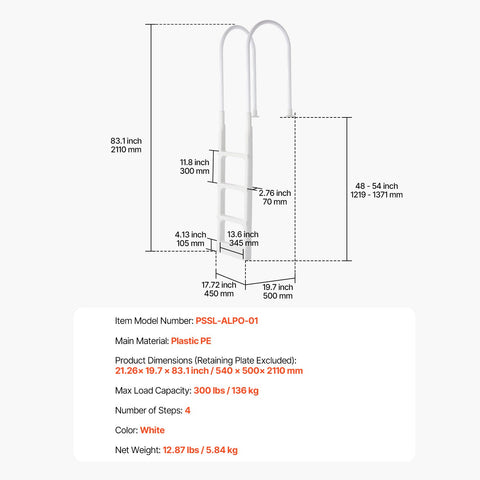Thickened 4-Step Pool Ladder of Double Handrails for 1219.2-1371.6mm Pool