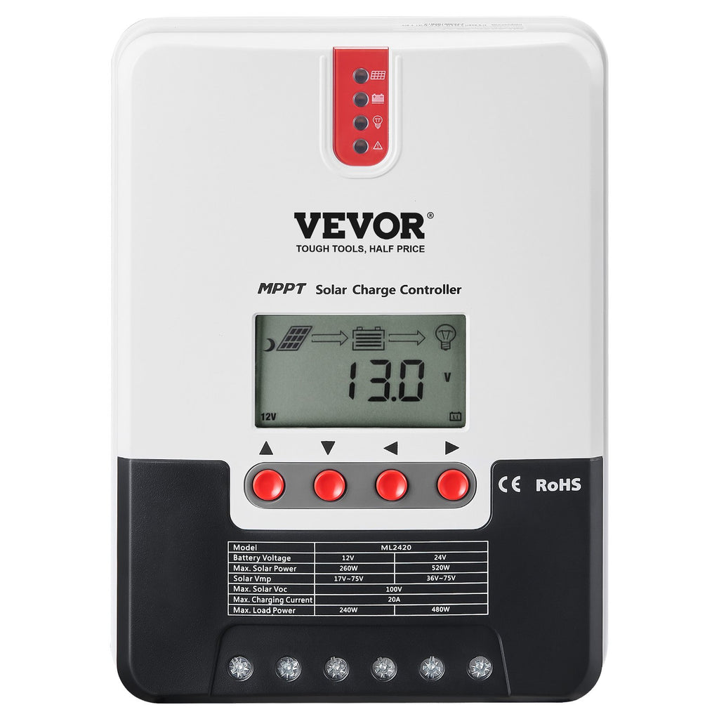 20A MPPT Solar Charge Controller, Auto DC Input, Solar Panel Regulator Charger with LCD Display Temperature Sensor Cable, for Sealed(AGM), Gel, Flooded and Lithium Battery Charging