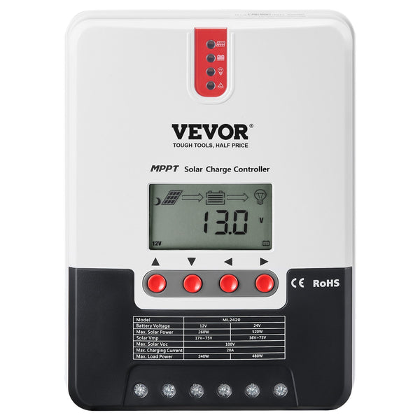 20A MPPT Solar Charge Controller, Auto DC Input, Solar Panel Regulator Charger with LCD Display Temperature Sensor Cable, for Sealed(AGM), Gel, Flooded and Lithium Battery Charging