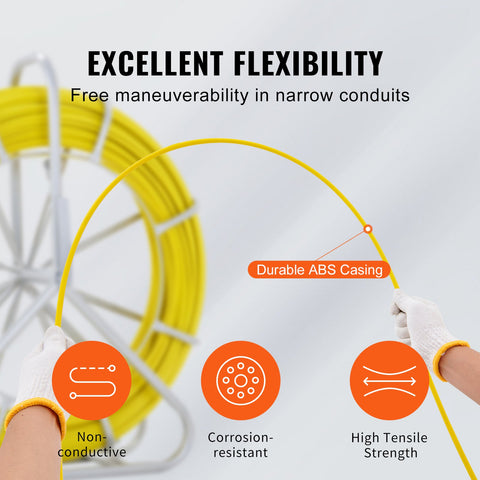 Fish Tape Fiberglass, 182.88 m, 7.9 mm, Duct Rodder Fishtape Wire Puller, Cable Running Rod with Steel Reel Stand, 3 Pulling Heads, Fishing Tools for Walls and Electrical Conduit, Non-Conductive