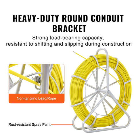 Fish Tape Fiberglass, 182.88 m, 7.9 mm, Duct Rodder Fishtape Wire Puller, Cable Running Rod with Steel Reel Stand, 3 Pulling Heads, Fishing Tools for Walls and Electrical Conduit, Non-Conductive
