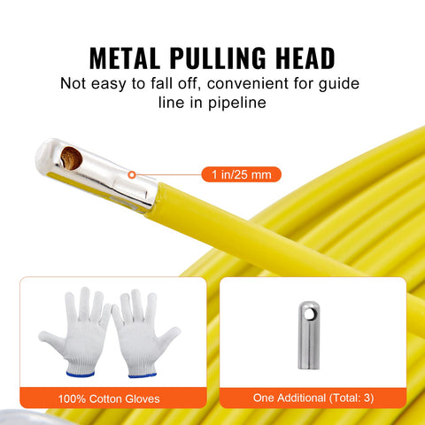 Fish Tape Fiberglass, 182.88 m, 7.9 mm, Duct Rodder Fishtape Wire Puller, Cable Running Rod with Steel Reel Stand, 3 Pulling Heads, Fishing Tools for Walls and Electrical Conduit, Non-Conductive