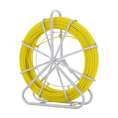 Fish Tape Fiberglass, 182.88 m, 7.9 mm, Duct Rodder Fishtape Wire Puller, Cable Running Rod with Steel Reel Stand, 3 Pulling Heads, Fishing Tools for Walls and Electrical Conduit, Non-Conductive