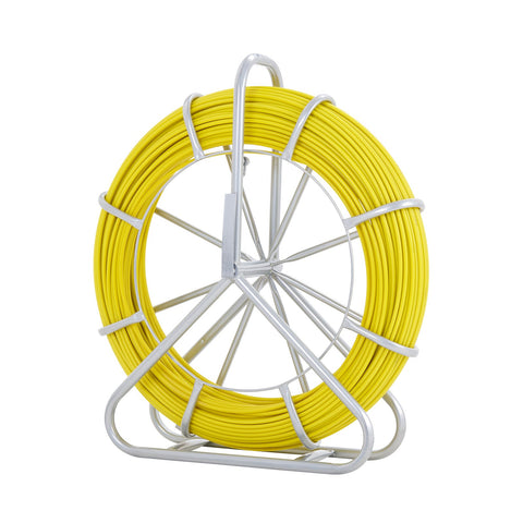 Fish Tape Fiberglass, 129.5 m, 6.35 mm, Duct Rodder Fishtape Wire Puller, Cable Running Rod with Steel Reel Stand, 3 Pulling Heads, Fishing Tools for Walls and Electrical Conduit, Non-Conductive