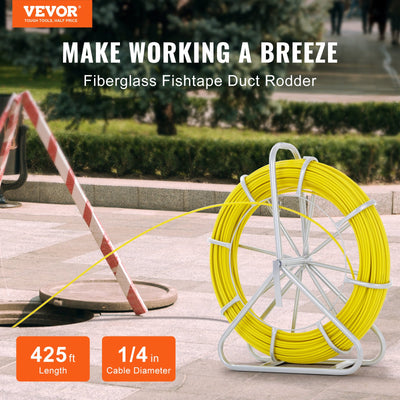 Fish Tape Fiberglass, 129.5 m, 6.35 mm, Duct Rodder Fishtape Wire Puller, Cable Running Rod with Steel Reel Stand, 3 Pulling Heads, Fishing Tools for Walls and Electrical Conduit, Non-Conductive
