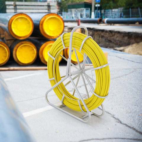 Fish Tape Fiberglass, 129.5 m, 6.35 mm, Duct Rodder Fishtape Wire Puller, Cable Running Rod with Steel Reel Stand, 3 Pulling Heads, Fishing Tools for Walls and Electrical Conduit, Non-Conductive