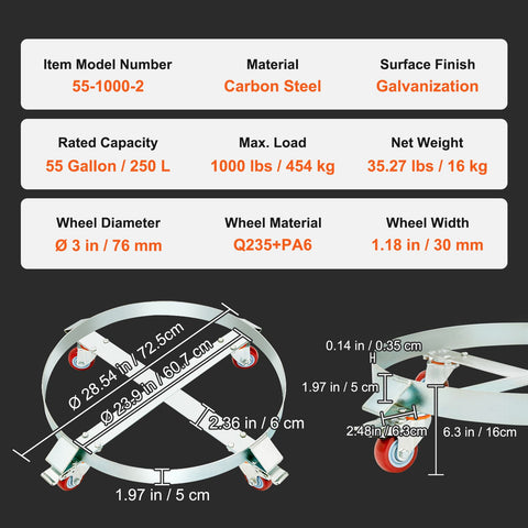 2PCS 250 L Heavy Duty Drum Dolly, 454 kg Load Capacity, Barrel Dolly Cart Drum Caddy, Non Tipping Hand Truck Capacity Dollies with Steel Frame 4 Swivel Casters Wheel, for Drum Handling
