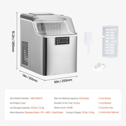 Portable Countertop Ice Maker 45Lbs/24H Self-Cleaning with Scoop Basket