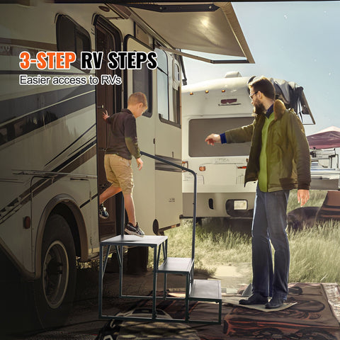 RV Steps, 3-Step RV Stairs, 199.58KGS Load Capacity, Thickened Carbon Steel, With Handrail, Non-Slip Steps for Safe Entry and Exit, Suit for RV, Trailer, Camper Steps