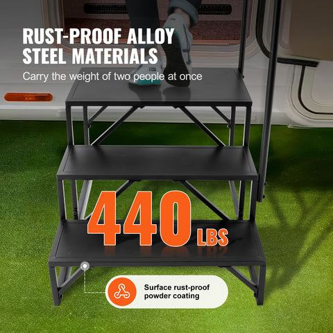 RV Steps, 3-Step RV Stairs, 199.58KGS Load Capacity, Thickened Carbon Steel, With Handrail, Non-Slip Steps for Safe Entry and Exit, Suit for RV, Trailer, Camper Steps