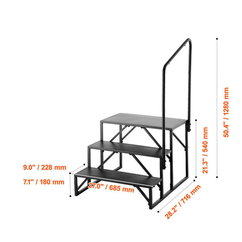 RV Steps, 3-Step RV Stairs, 199.58KGS Load Capacity, Thickened Carbon Steel, With Handrail, Non-Slip Steps for Safe Entry and Exit, Suit for RV, Trailer, Camper Steps