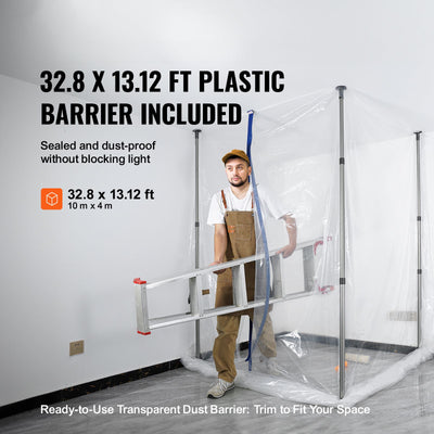 Dust Barrier Poles, 12 Ft Barrier Poles, Dust Barrier System with 4 Telescoping Poles, Magnetic Zipper, Carry Bag and 32.8x13.12 Ft Plastic Film, for Interior Decoration, Painting