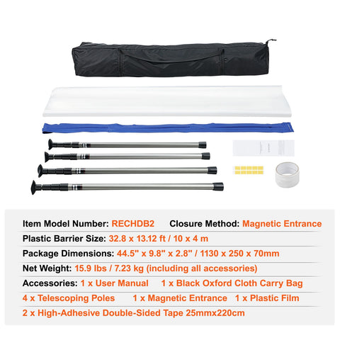 Dust Barrier Poles, 12 Ft Barrier Poles, Dust Barrier System with 4 Telescoping Poles, Magnetic Zipper, Carry Bag and 32.8x13.12 Ft Plastic Film, for Interior Decoration, Painting