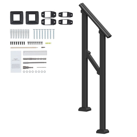 Handrails for Outdoor Steps, 1-2 Step Stair Hand Rail Kit, Transitional Carbon Steel Railings with Installation Kit, Stair Rails for Seniors, Concrete Steps & Porch & Deck, Black Square Tube