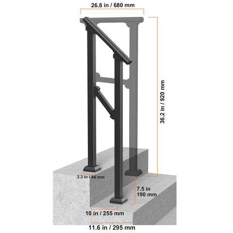 Handrails for Outdoor Steps, 1-2 Step Stair Hand Rail Kit, Transitional Carbon Steel Railings with Installation Kit, Stair Rails for Seniors, Concrete Steps & Porch & Deck, Black Square Tube