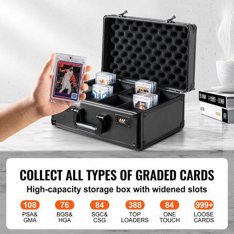 Graded Card Storage Box, 4 Slots, Graded Sports Cards Holder Carrying Case with Coded Lock Foam Dividers, for 108 PSA Graded Cards 76 BGS Cards 84 SGC Cards 388 Top Loaders or 999+ Loose Cards