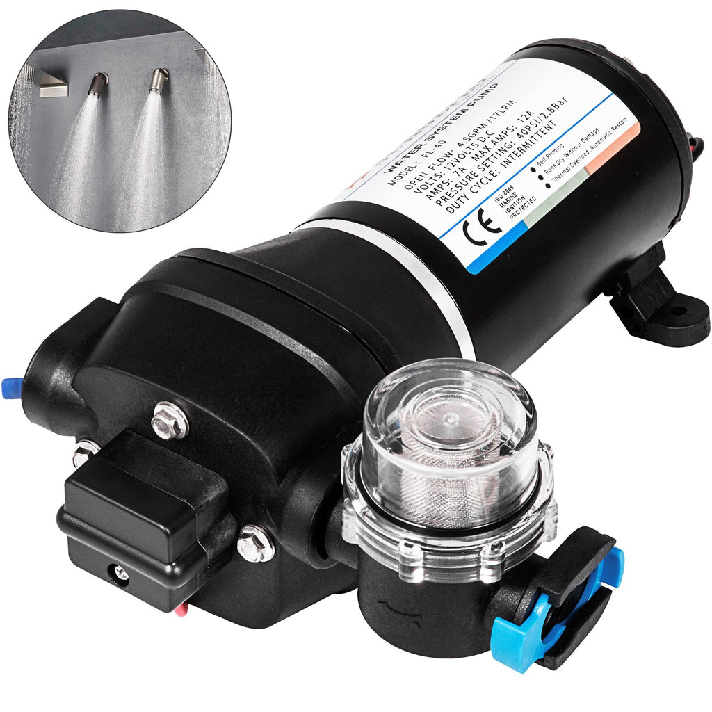 Water Pressure Diaphragm Pump, 12V FL-40 High Pressure Diaphragm Water Pump, 40PSI Automatic Self Priming Water Pump, 17L/MIN Misting Booster Sprayer Diaphragm Pump for Caravan Boat RV Garden