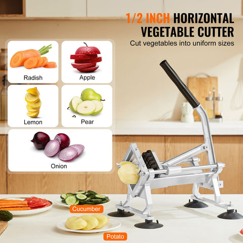 Commercial Vegetable Slicer, 1/2 inch Fruit Slicer, Stainless Steel and Aluminum Alloy Vegetable Cutter Slicer Machine, Manual Slicer with Non-slip Feet, for Radishes, Onions, Potatoes, Lemons