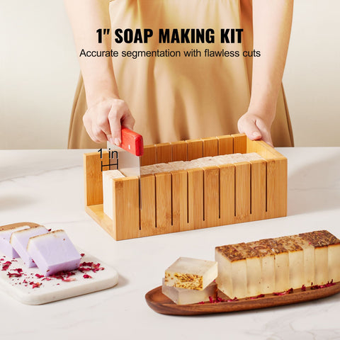 Soap Making Kit, Bamboo Cutting Box and Inner Box with Silicone Mold, Stainless Steel Straight Cutter and Wavy Cutter, 100 Bags and 105 Stickers, Soap Making Supplies DIY Kits for Adults