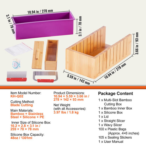 Soap Making Kit, Bamboo Cutting Box and Inner Box with Silicone Mold, Stainless Steel Straight Cutter and Wavy Cutter, 100 Bags and 105 Stickers, Soap Making Supplies DIY Kits for Adults