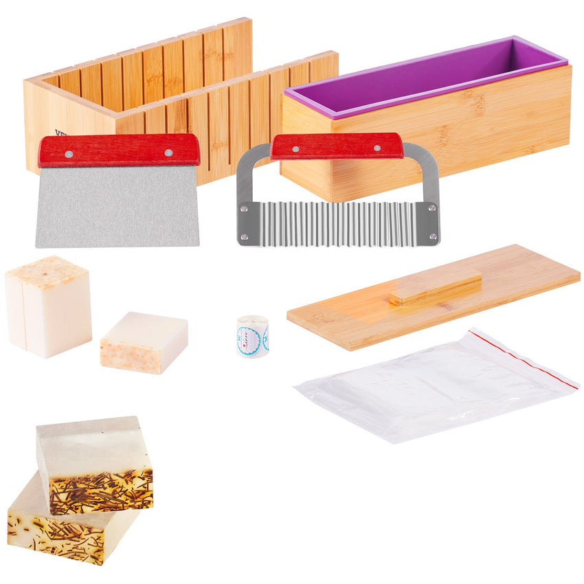 VEVOR Soap Making Kit, Bamboo Cutting Box and Inner Box with Silicone Mold, Stainless Steel Straight Cutter and Wavy Cutter, 100 Bags and 105 Stickers, Soap Making Supplies DIY Kits for Adults