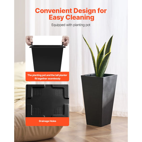 Tall Planter, Set of 2 Tall Square Tapered Planters, 57 cm Large Modern Gardening and Flower Plastic Pots, Decorative Tall Black Planter with Drainage Hole, for Porch, Patio, Indoor & Outdoor